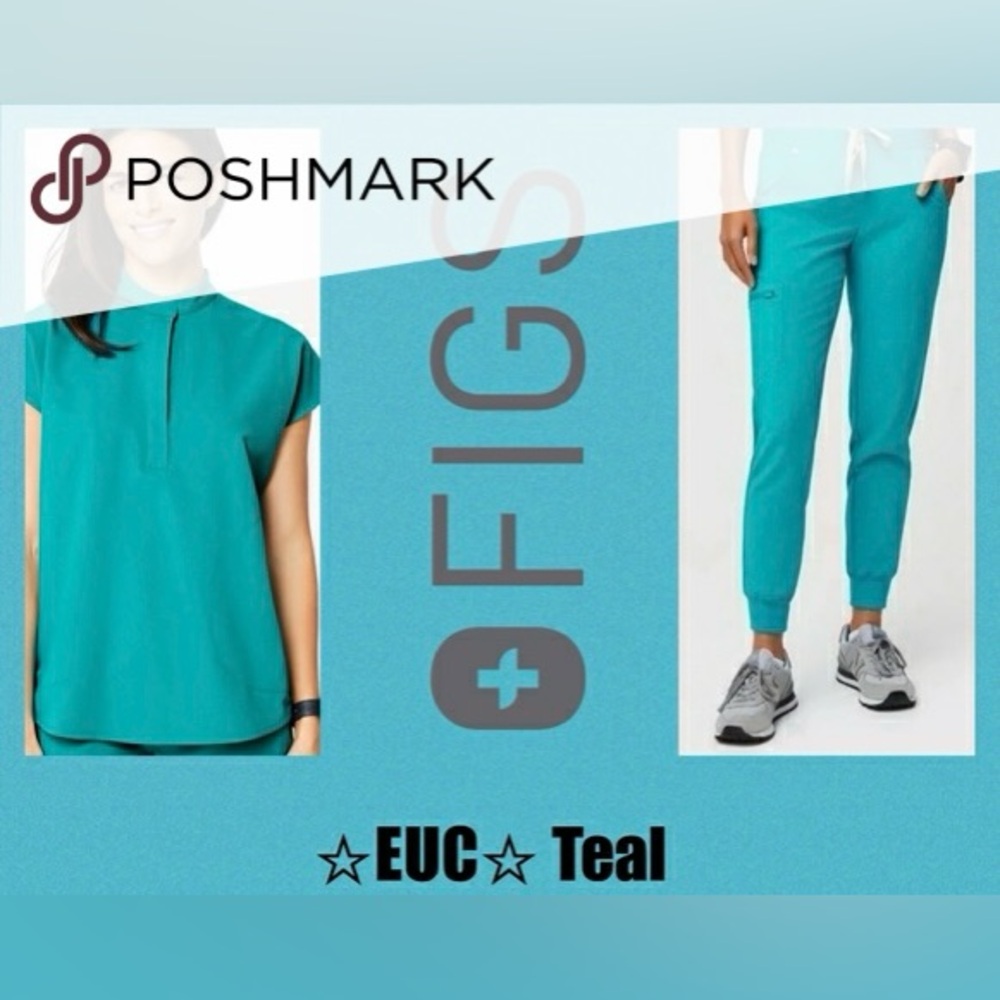 Figs “Teal” EUC small top and medium petite bottoms